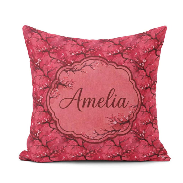 Custom Name Watercolor Red Cherry Blossom Branch Seamless Lovely Square Filled Cushion Throw Pillow Sofa Bed Home Decor Zip Washable UK Made