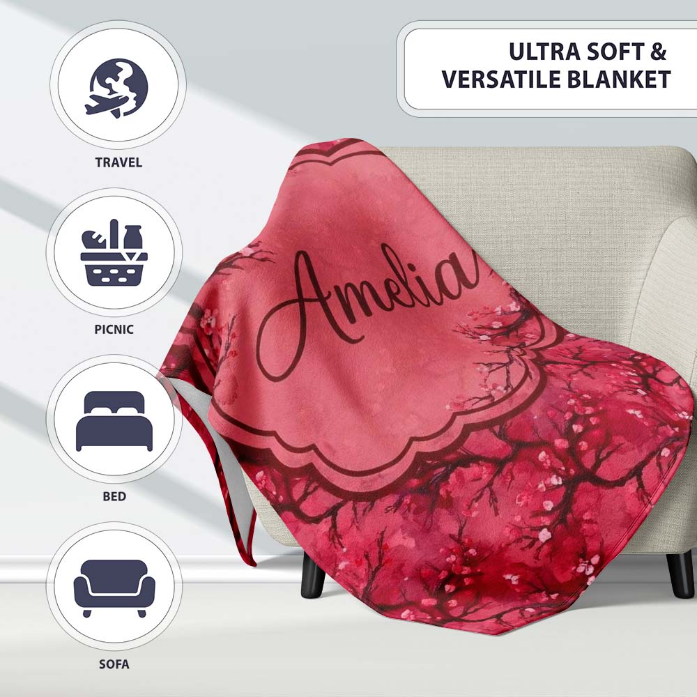 Watercolor Red Cherry Blossom Branch Seamless Pattern Lovely  Personalised Custom Name Super Soft Fleece Blanket Bed Sofa Throw