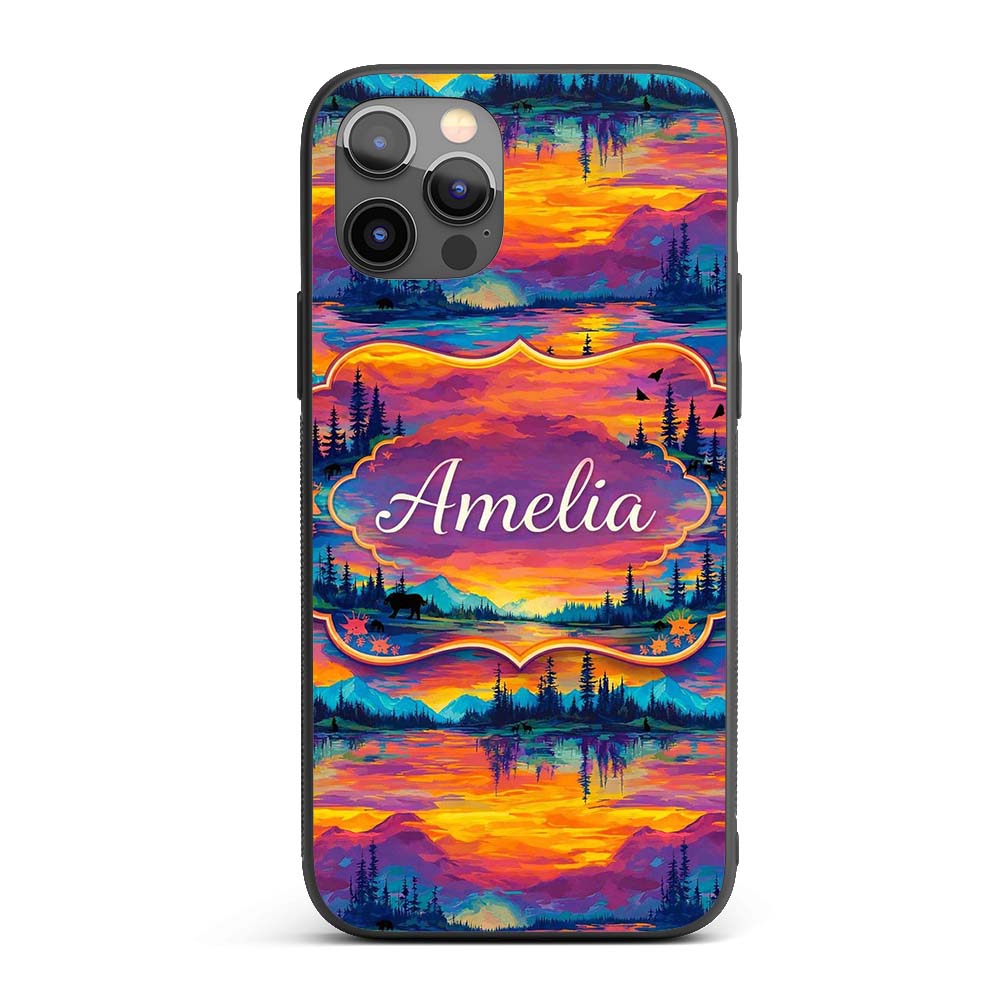 Neon Sunset Mountain Lake Landscape Pattern Printed Design Custom Name Protective Phone Case Mobile Cover Durable Smartphone Shock Resistant