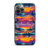Neon Sunset Mountain Lake Landscape Pattern Printed Design Custom Name Protective Phone Case Mobile Cover Durable Smartphone Shock Resistant