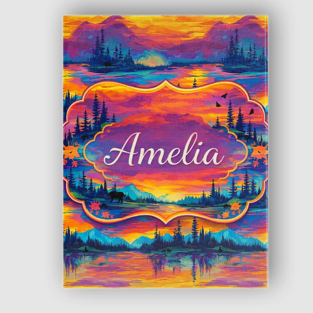 Personalised Name Neon Sunset Mountain Lake Landscape Pattern Custom Contemporary Display Canvas Wall Art Print Decor Picture Ready to Hang