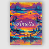Personalised Name Neon Sunset Mountain Lake Landscape Pattern Custom Contemporary Display Canvas Wall Art Print Decor Picture Ready to Hang