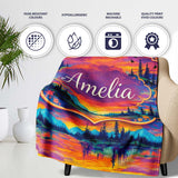 Neon Sunset Mountain Lake Landscape Pattern Stylish Everyday   Personalised Custom Name Super Soft Fleece Blanket Bed Sofa Throw
