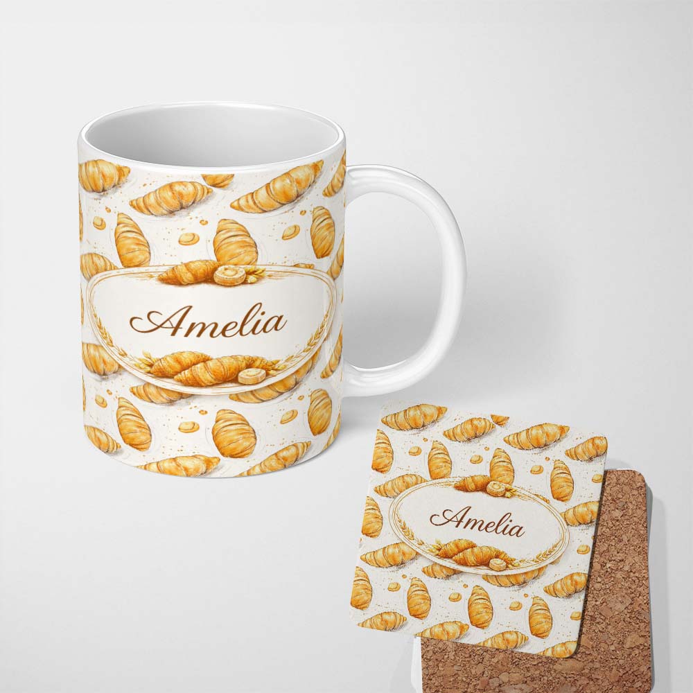 Personalized Custom Name Artistic Sketch Croissant Seamless Pattern Ink Style Bakery Lovely 11oz Ceramic Coffee Tea Mug White Large Handle