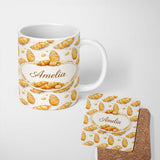 Personalized Custom Name Artistic Sketch Croissant Seamless Pattern Ink Style Bakery Lovely 11oz Ceramic Coffee Tea Mug White Large Handle