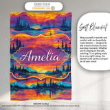 Neon Sunset Mountain Lake Landscape Pattern Stylish Everyday   Personalised Custom Name Super Soft Fleece Blanket Bed Sofa Throw