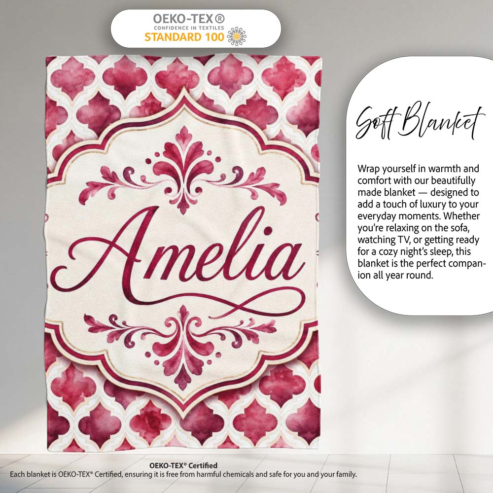 Soft Watercolor Pink Quatrefoil Lattice Seamless Pattern Lovely  Personalised Custom Name Super Soft Fleece Blanket Bed Sofa Throw