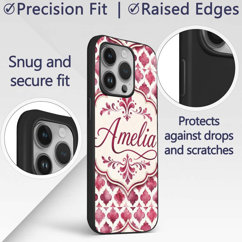 Soft Watercolor Pink Quatrefoil Lattice Seamless Custom Name Protective Phone Case Mobile Cover Durable Everyday Smartphone Shock Resistant