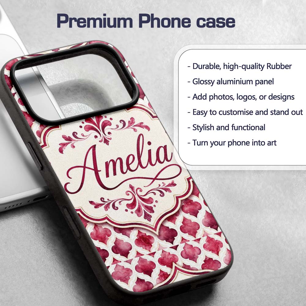 Soft Watercolor Pink Quatrefoil Lattice Seamless Custom Name Protective Phone Case Mobile Cover Durable Everyday Smartphone Shock Resistant