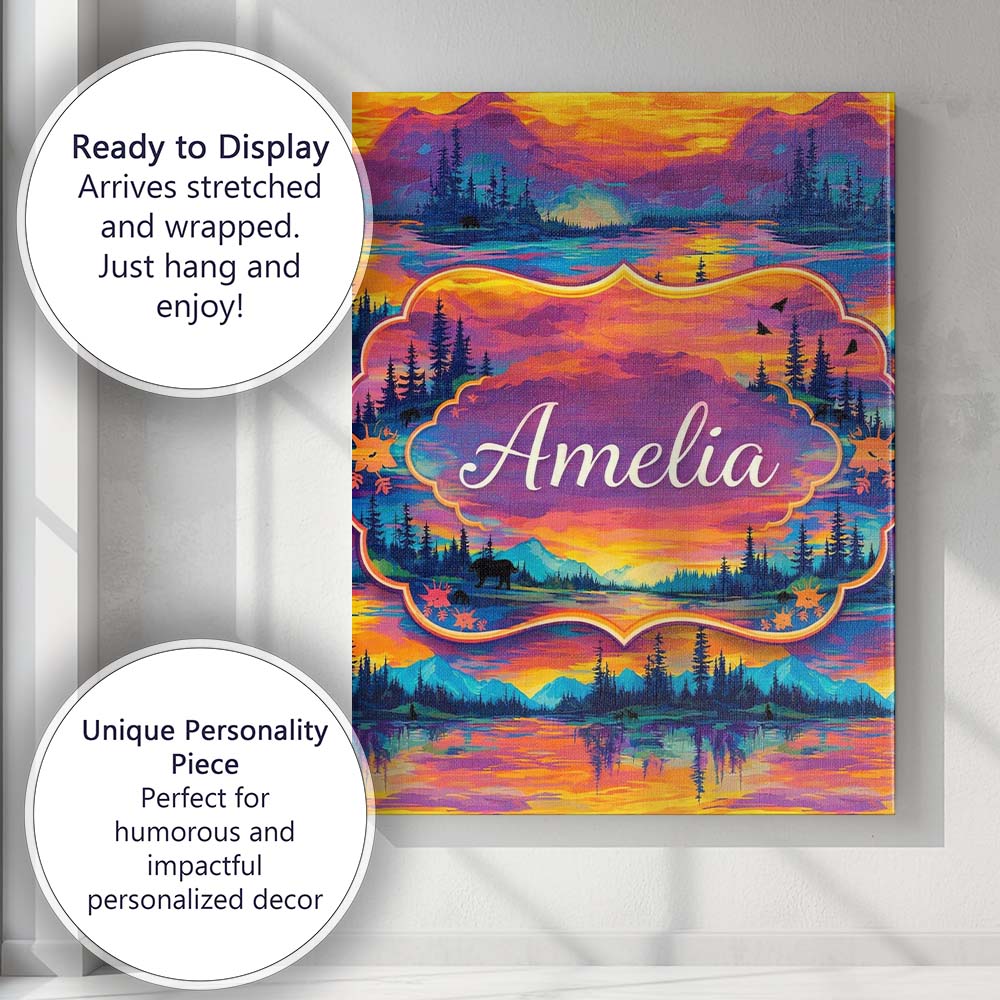 Personalised Name Neon Sunset Mountain Lake Landscape Pattern Custom Contemporary Display Canvas Wall Art Print Decor Picture Ready to Hang