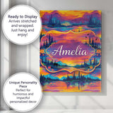 Personalised Name Neon Sunset Mountain Lake Landscape Pattern Custom Contemporary Display Canvas Wall Art Print Decor Picture Ready to Hang
