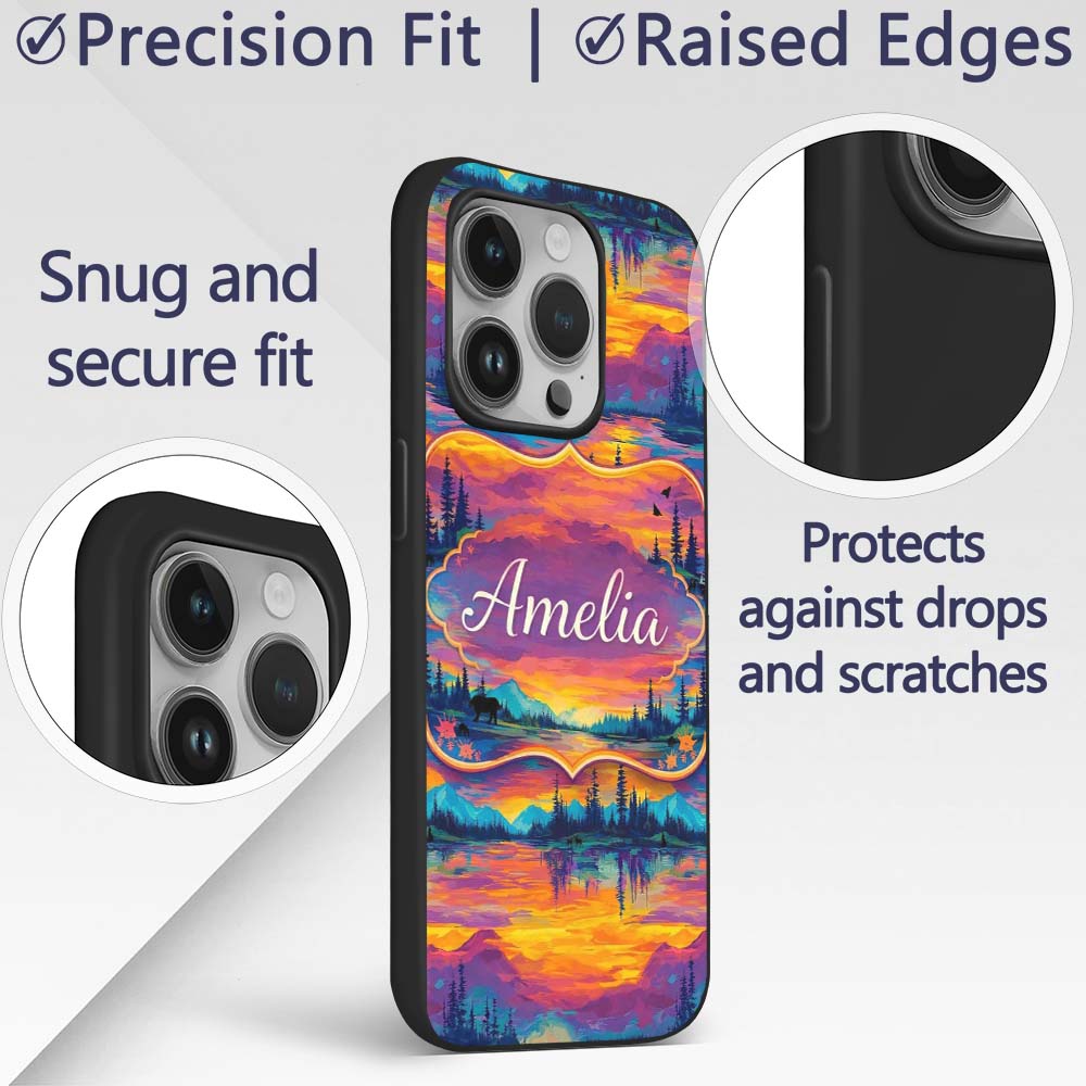 Neon Sunset Mountain Lake Landscape Pattern Printed Design Custom Name Protective Phone Case Mobile Cover Durable Smartphone Shock Resistant