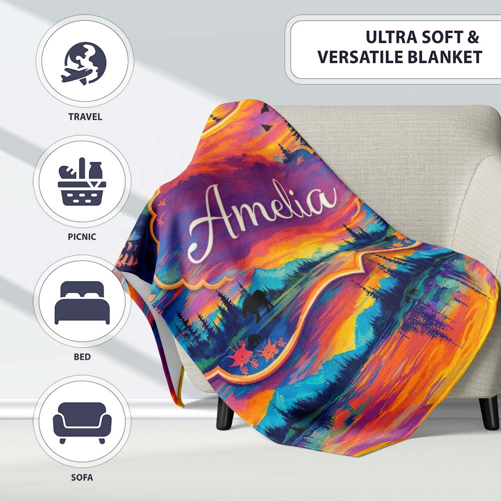 Neon Sunset Mountain Lake Landscape Pattern Stylish Everyday   Personalised Custom Name Super Soft Fleece Blanket Bed Sofa Throw
