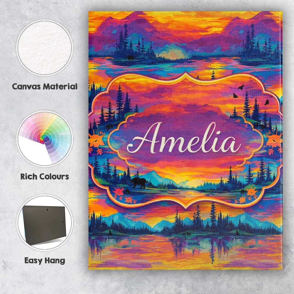 Personalised Name Neon Sunset Mountain Lake Landscape Pattern Custom Contemporary Display Canvas Wall Art Print Decor Picture Ready to Hang