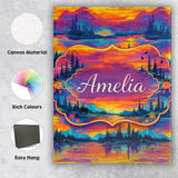 Personalised Name Neon Sunset Mountain Lake Landscape Pattern Custom Contemporary Display Canvas Wall Art Print Decor Picture Ready to Hang