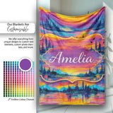 Neon Sunset Mountain Lake Landscape Pattern Stylish Everyday   Personalised Custom Name Super Soft Fleece Blanket Bed Sofa Throw