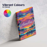 Personalised Name Neon Sunset Mountain Lake Landscape Pattern Custom Contemporary Display Canvas Wall Art Print Decor Picture Ready to Hang