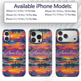 Neon Sunset Mountain Lake Landscape Pattern Printed Design Custom Name Protective Phone Case Mobile Cover Durable Smartphone Shock Resistant