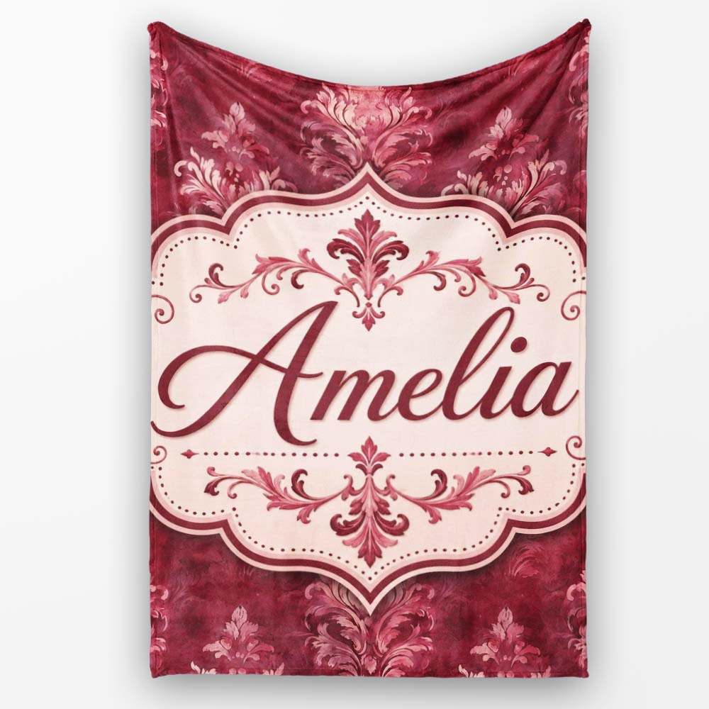 Rich Burgundy Watercolor Damask Ornamental Seamless Pattern Lovely  Personalised Custom Name Super Soft Fleece Blanket Bed Sofa Throw