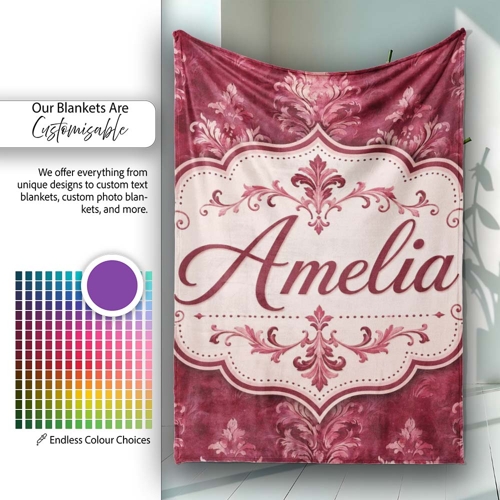 Rich Burgundy Watercolor Damask Ornamental Seamless Pattern Lovely  Personalised Custom Name Super Soft Fleece Blanket Bed Sofa Throw