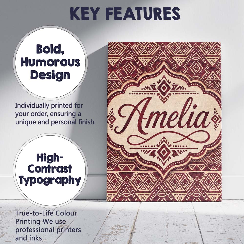 Personalised Name Tribal Red Geometric Custom  Modern Room Accent Elegant Feature Canvas Wall Art Print Decor Picture Ready to Hang