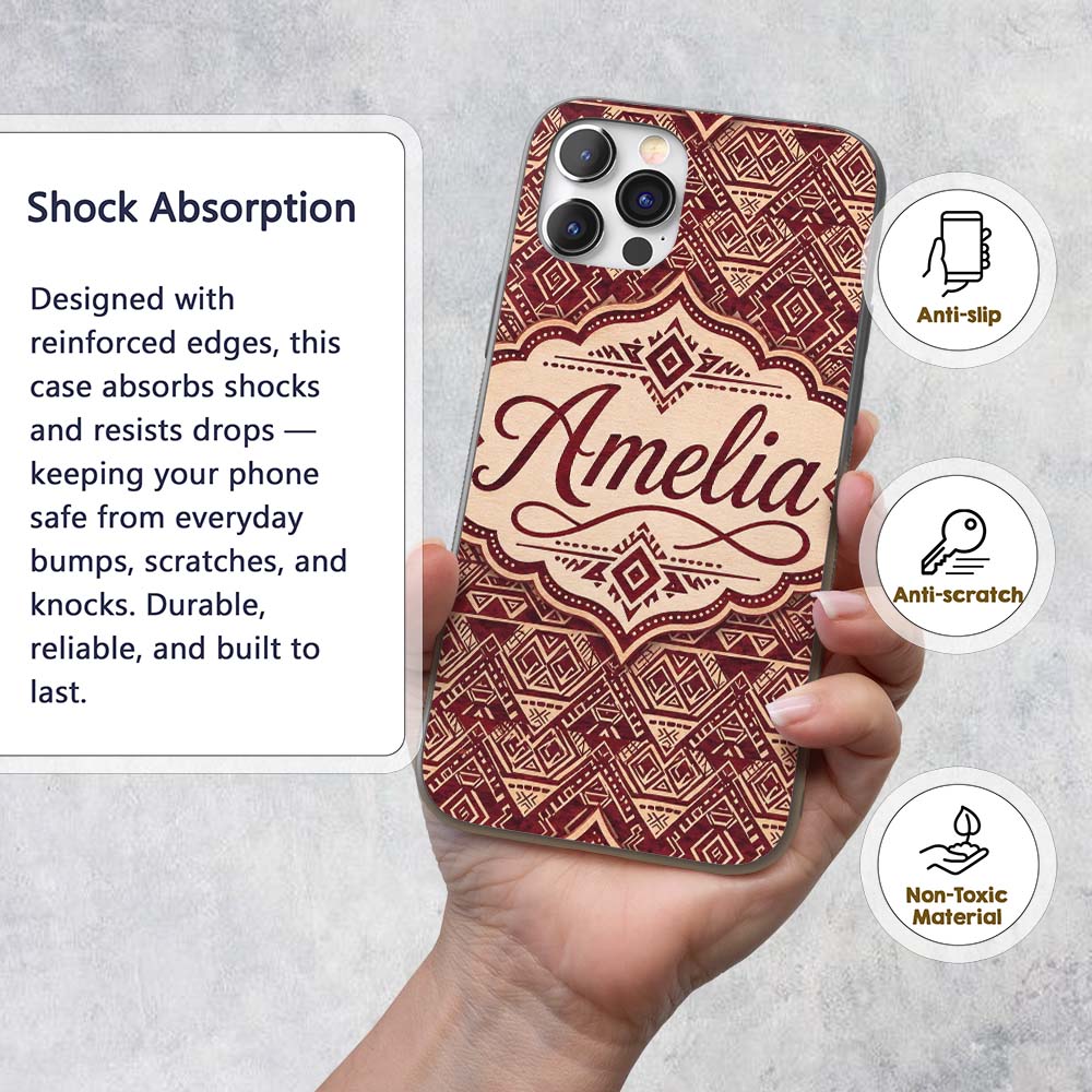 Tribal Red Geometric Aztec Style Seamless Pattern Custom Name Protective Phone Case Mobile Cover Durable Everyday Smartphone Shock Resistant