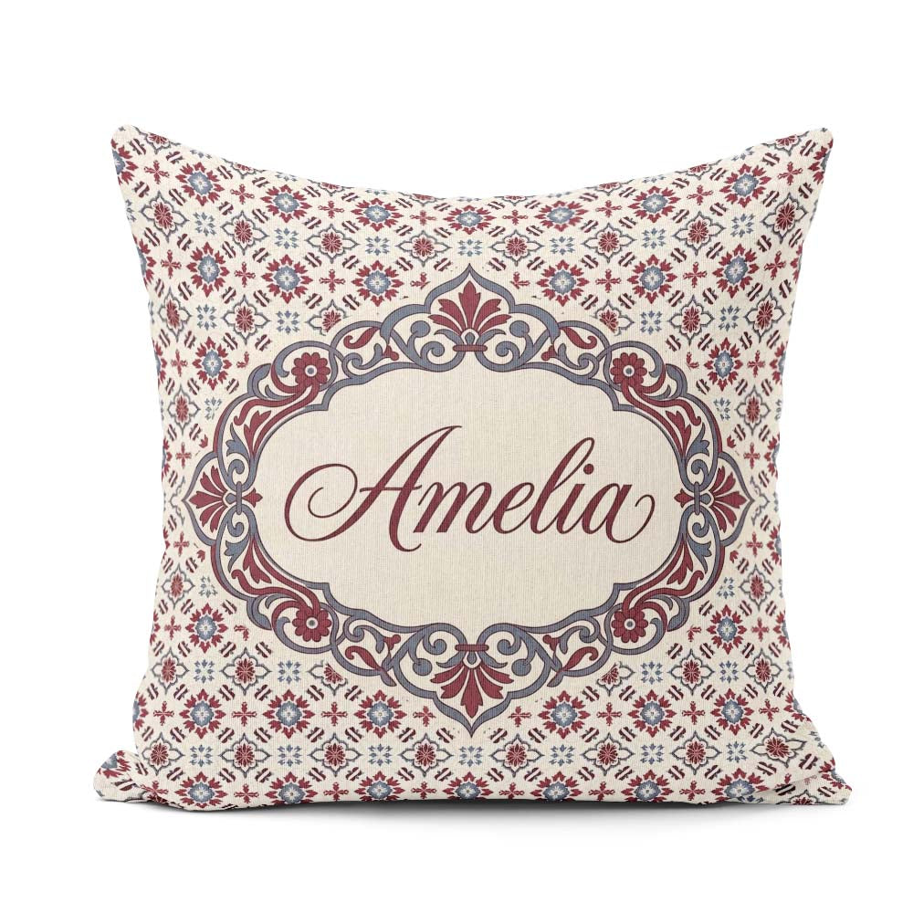 Custom Name Red Blue Floral Tile Mosaic Seamless Pattern Lovely Square Filled Cushion Throw Pillow Sofa Bed Home Decor Zip Washable UK Made