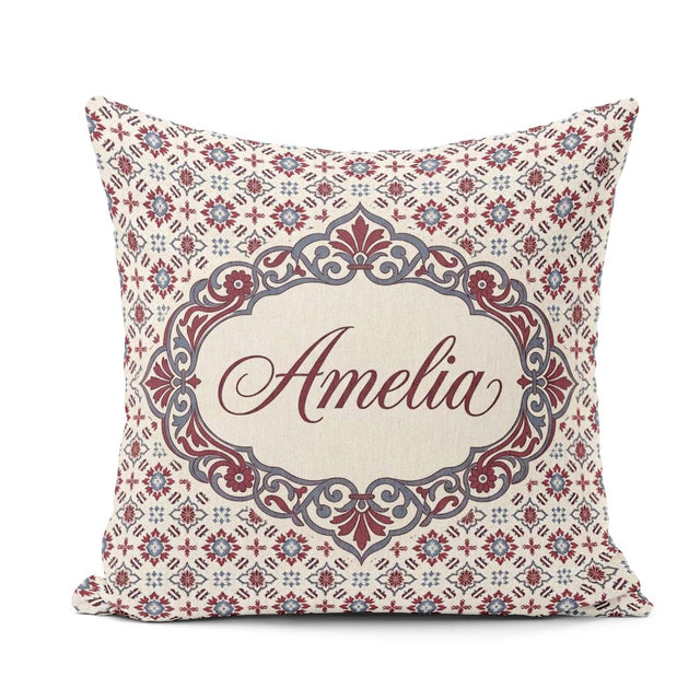 Custom Name Red Blue Floral Tile Mosaic Seamless Pattern Lovely Square Filled Cushion Throw Pillow Sofa Bed Home Decor Zip Washable UK Made