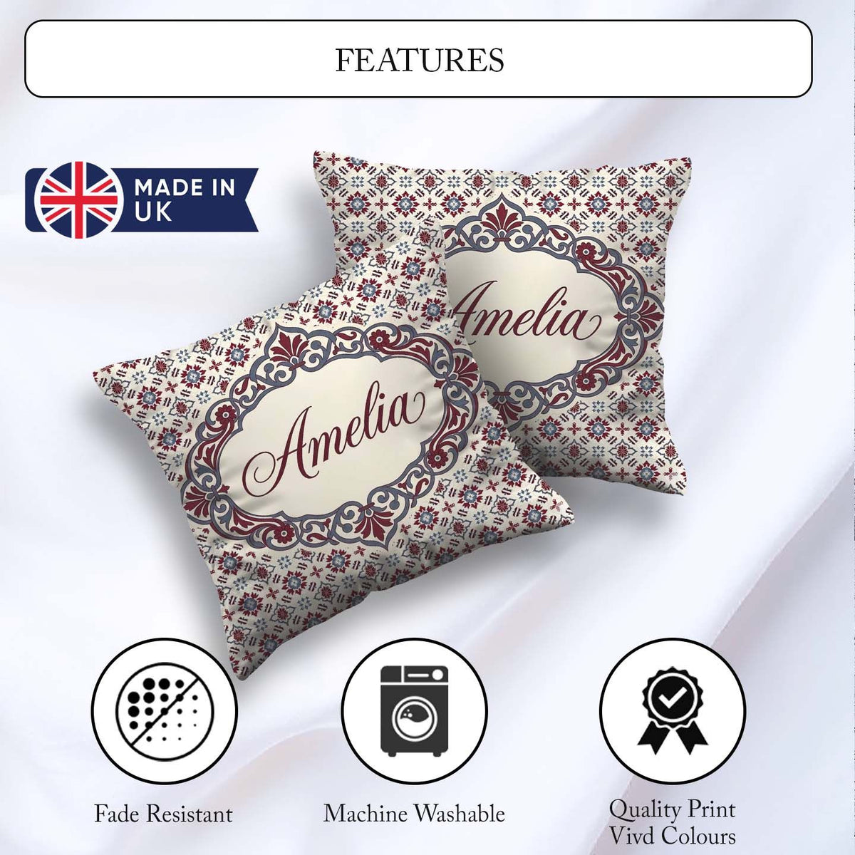 Custom Name Red Blue Floral Tile Mosaic Seamless Pattern Lovely Square Filled Cushion Throw Pillow Sofa Bed Home Decor Zip Washable UK Made