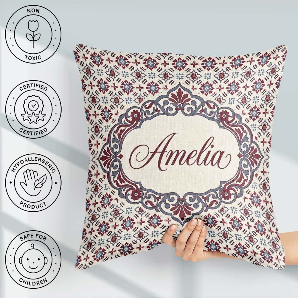 Custom Name Red Blue Floral Tile Mosaic Seamless Pattern Lovely Square Filled Cushion Throw Pillow Sofa Bed Home Decor Zip Washable UK Made