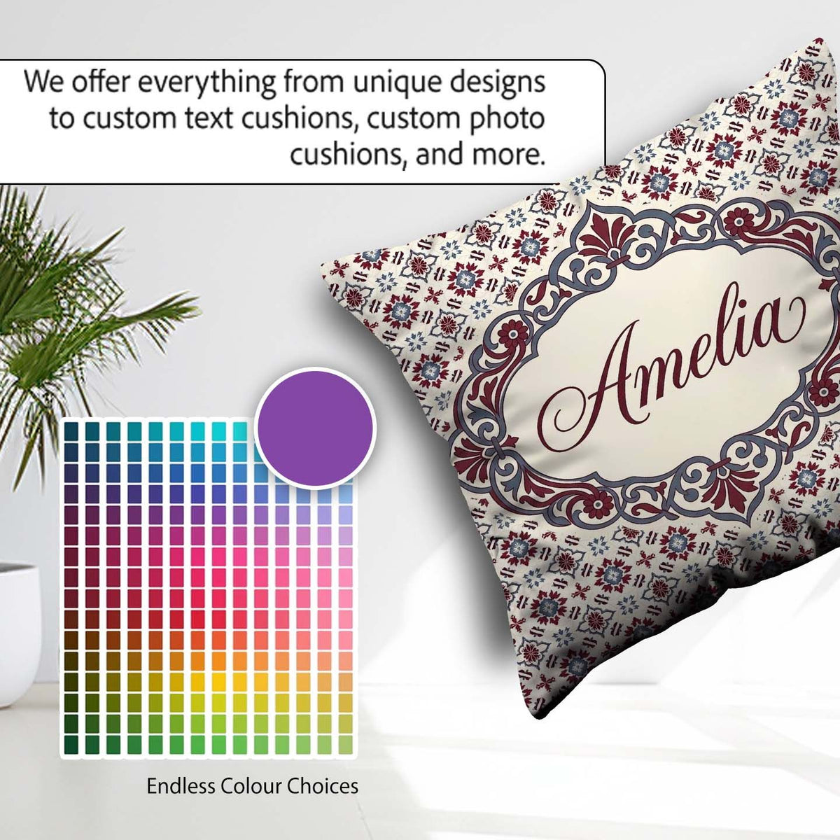 Custom Name Red Blue Floral Tile Mosaic Seamless Pattern Lovely Square Filled Cushion Throw Pillow Sofa Bed Home Decor Zip Washable UK Made