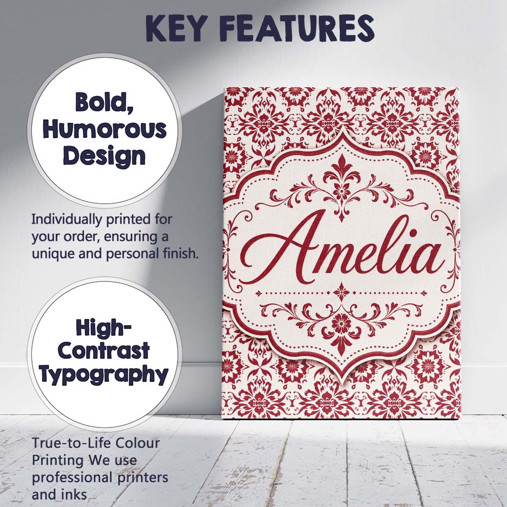 Personalised Name Classic Red Ornamental Custom  Unique Gift Idea Elegant Feature Canvas Wall Art Print Decor Picture Ready to Hang