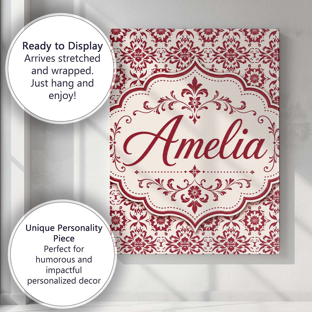 Personalised Name Classic Red Ornamental Custom  Unique Gift Idea Elegant Feature Canvas Wall Art Print Decor Picture Ready to Hang