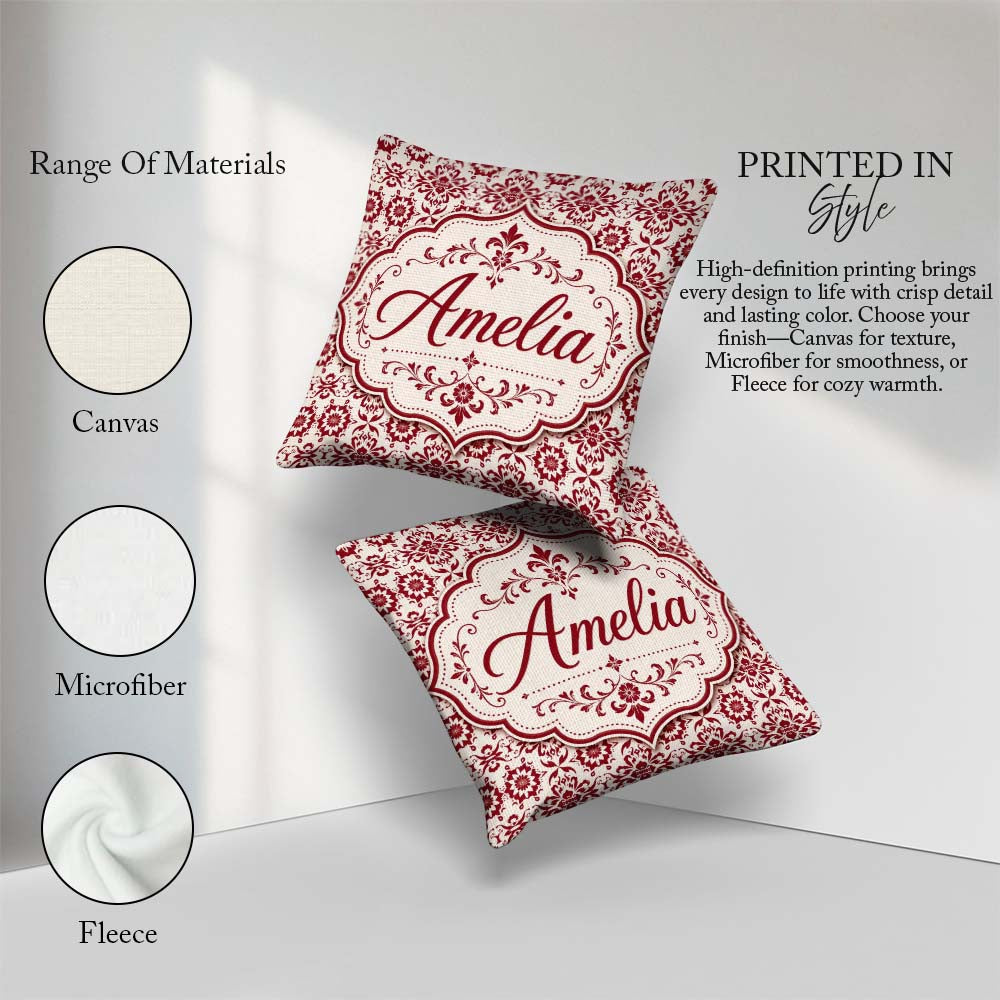 Custom Name Classic Red Ornamental Floral Damask Seamless Lovely Square Filled Cushion Throw Pillow Sofa Bed Home Decor Zip Washable UK Made