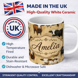 Personalized Custom Name Painterly Cow Cattle Portrait Farm Animal Seamless Pattern Lovely 11oz Ceramic Coffee Tea Mug White Large Handle