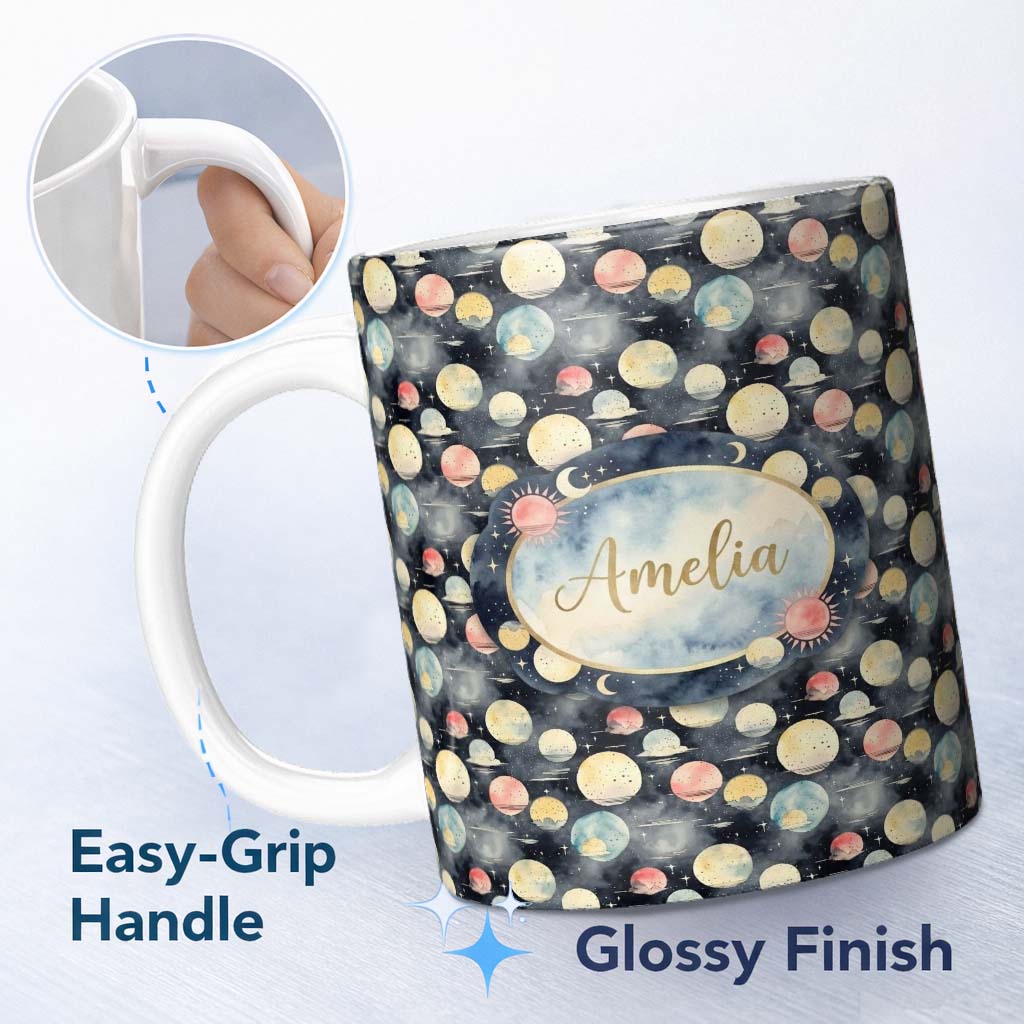 Personalized Custom Name Colorful Planet Space Galaxy Seamless Pattern Cute Unique Gift 11oz Ceramic Coffee Tea Mug White Large Handle