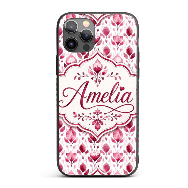 Pink Watercolor Leaf Botanical Seamless Pattern Custom Name Protective Phone Case Mobile Cover Durable Everyday Smartphone Shock Resistant