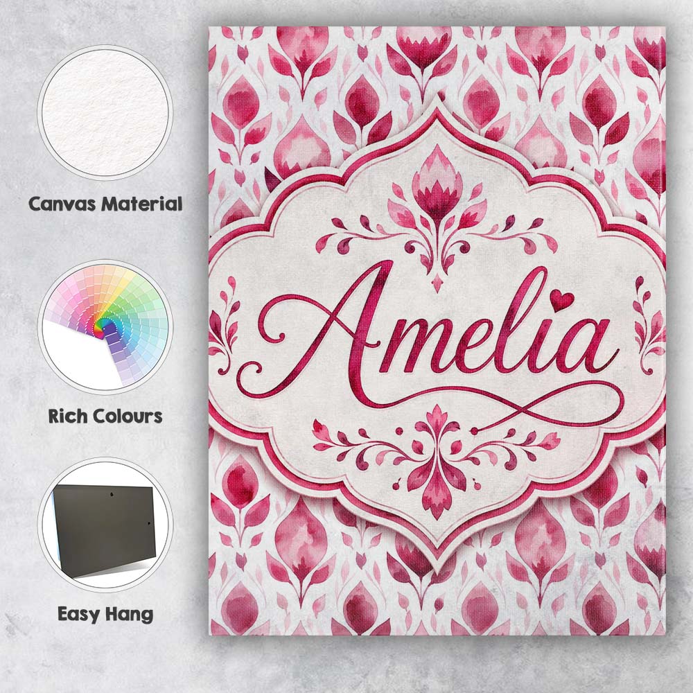 Personalised Name Pink Watercolor Leaf Custom  Modern Room Accent Elegant Feature Canvas Wall Art Print Decor Picture Ready to Hang