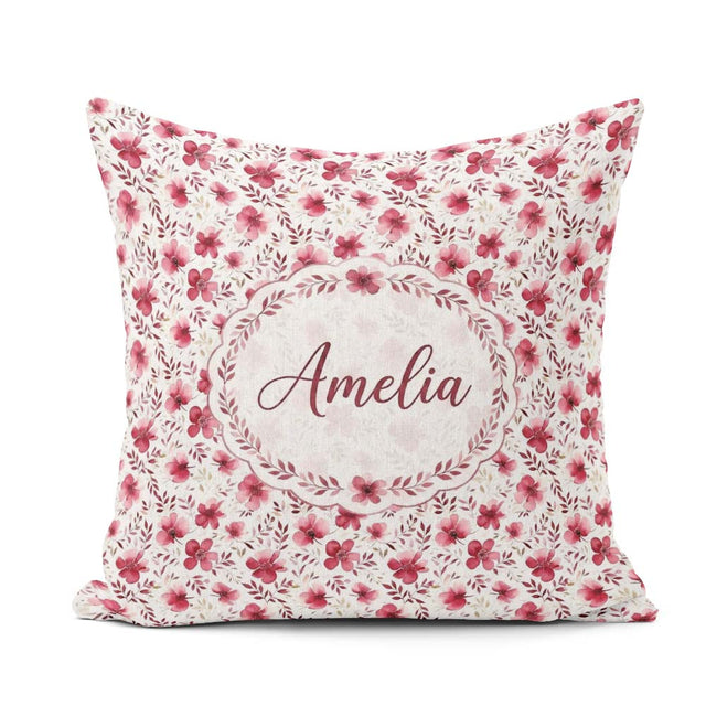 Custom Name Elegant Pink Floral Blossom Branch Seamless Pattern Square Filled Cushion Throw Pillow Sofa Bed Home Decor Zip Washable UK Made