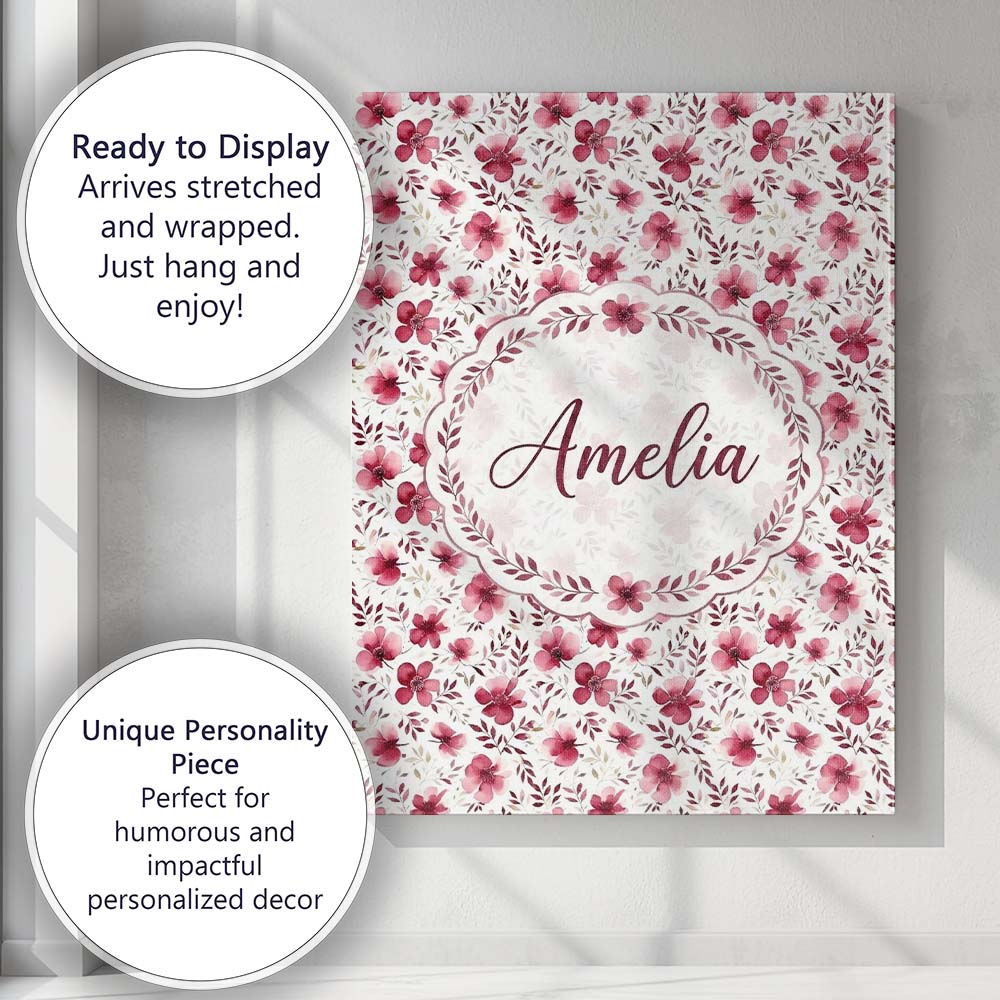 Personalised Name Elegant Pink Floral Custom Modern Room Accent Creative Decorator Style Canvas Wall Art Print Decor Picture Ready to Hang