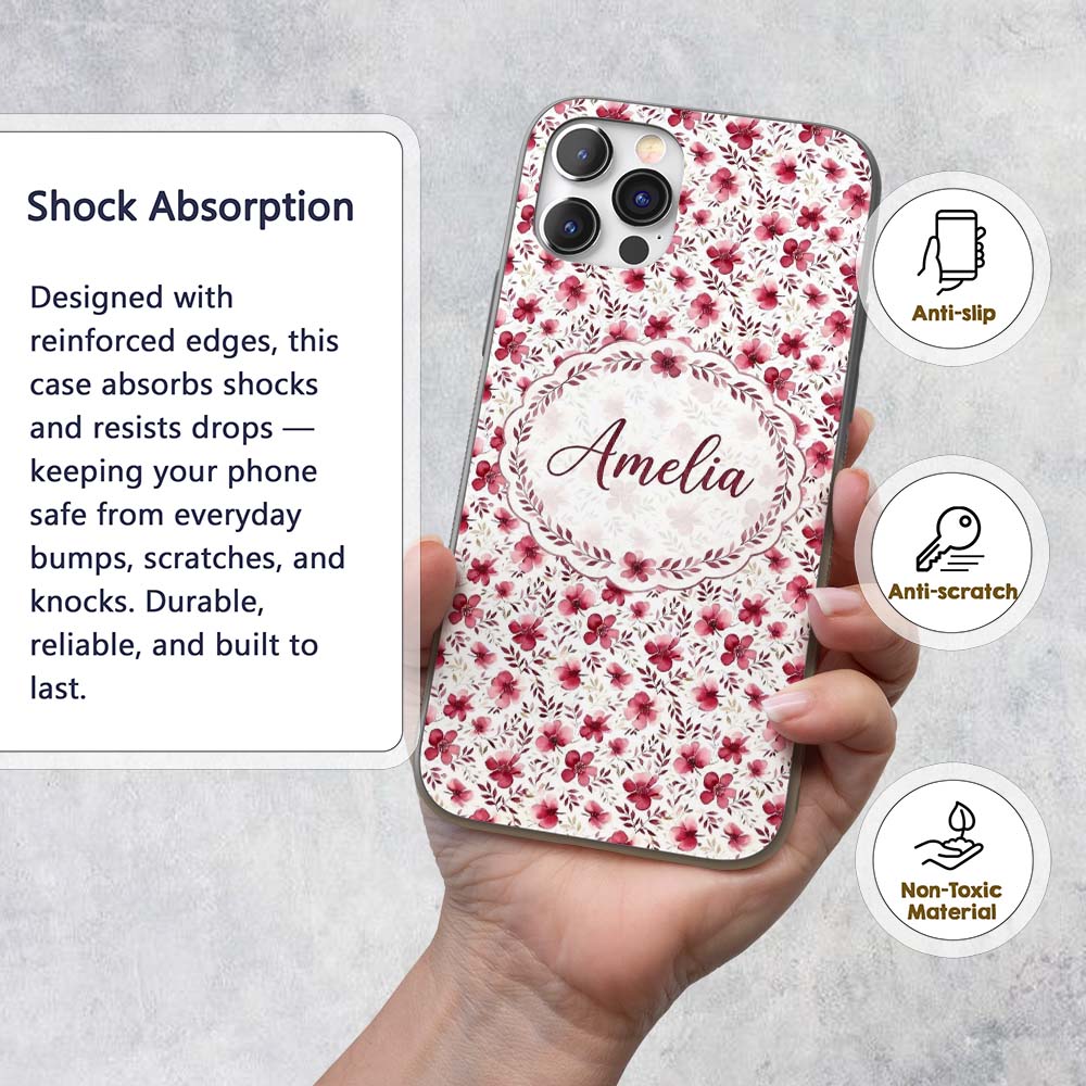Elegant Pink Floral Blossom Branch Printed Design Custom Name Protective Phone Case Mobile Cover Durable Everyday Smartphone Shock Resistant