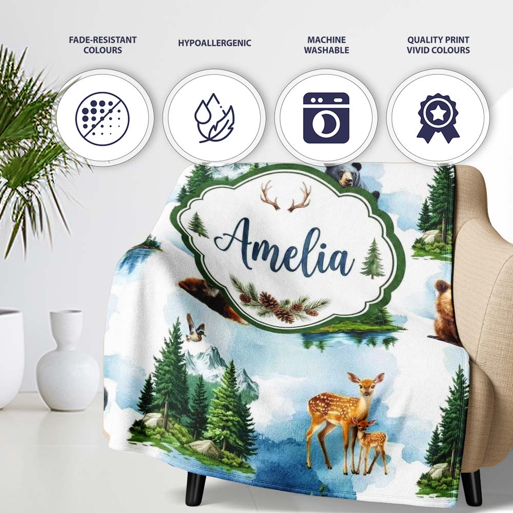 Woodland Animals Forest Watercolor Pattern Cute Unique Gift Lovely  Personalised Custom Name Super Soft Fleece Blanket Bed Sofa Throw