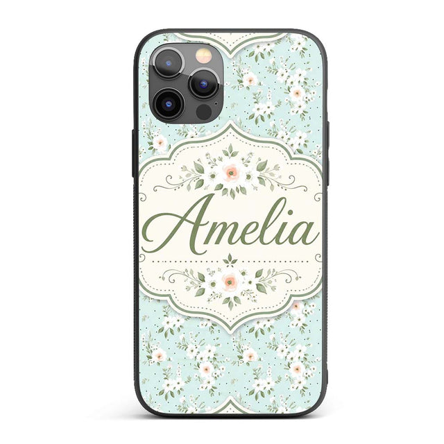 Delicate White Floral on Mint Green Seamless Custom Name Protective Phone Case Mobile Cover Durable Everyday Smartphone Shock Resistant