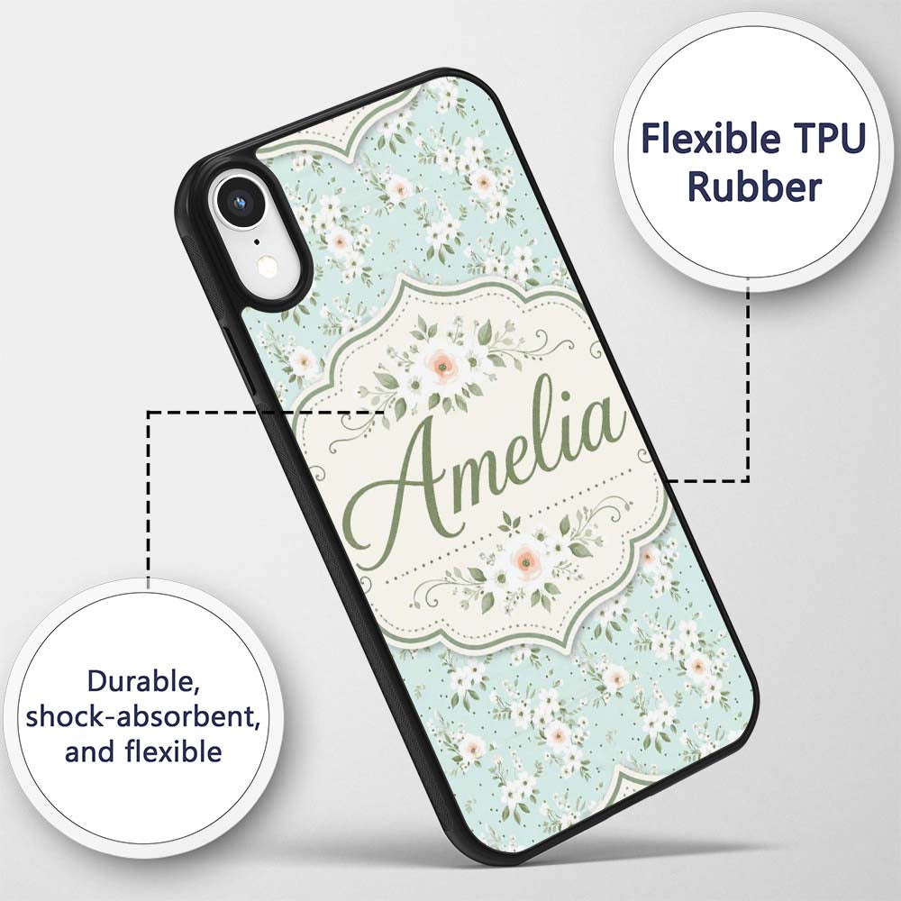 Delicate White Floral on Mint Green Seamless Custom Name Protective Phone Case Mobile Cover Durable Everyday Smartphone Shock Resistant