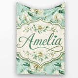 Elegant Cream Floral Bouquet on Soft Sage Green Seamless Pattern  Personalised Custom Name Super Soft Fleece Blanket Bed Sofa Throw