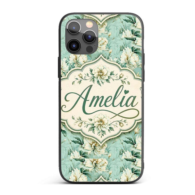 Elegant Cream Floral Bouquet on Soft Sage Green Custom Name Protective Phone Case Mobile Cover Durable Everyday Smartphone Shock Resistant