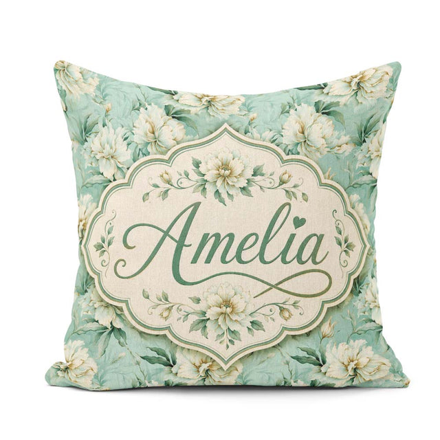 Custom Name Elegant Cream Floral Bouquet Soft Sage Green Pattern Square Filled Cushion Throw Pillow Sofa Bed Home Decor Zip Washable UK Made
