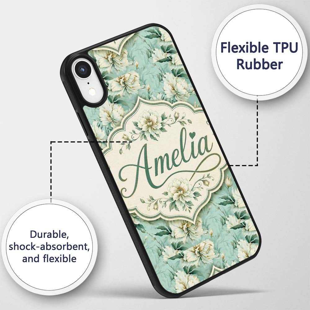 Elegant Cream Floral Bouquet on Soft Sage Green Custom Name Protective Phone Case Mobile Cover Durable Everyday Smartphone Shock Resistant