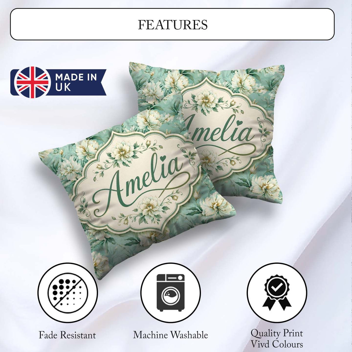 Custom Name Elegant Cream Floral Bouquet Soft Sage Green Pattern Square Filled Cushion Throw Pillow Sofa Bed Home Decor Zip Washable UK Made