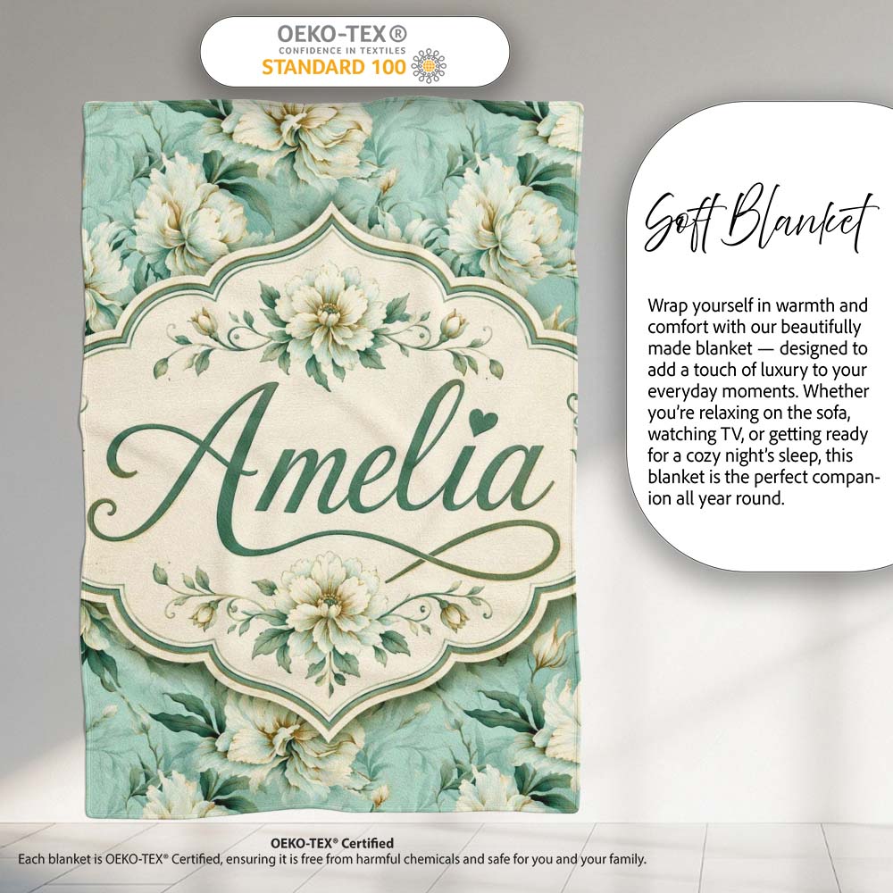 Elegant Cream Floral Bouquet on Soft Sage Green Seamless Pattern  Personalised Custom Name Super Soft Fleece Blanket Bed Sofa Throw